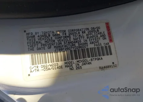 2000 Lexus Es 300 z USA, uszkodzony, nr VIN JT8BF28G7Y0286007